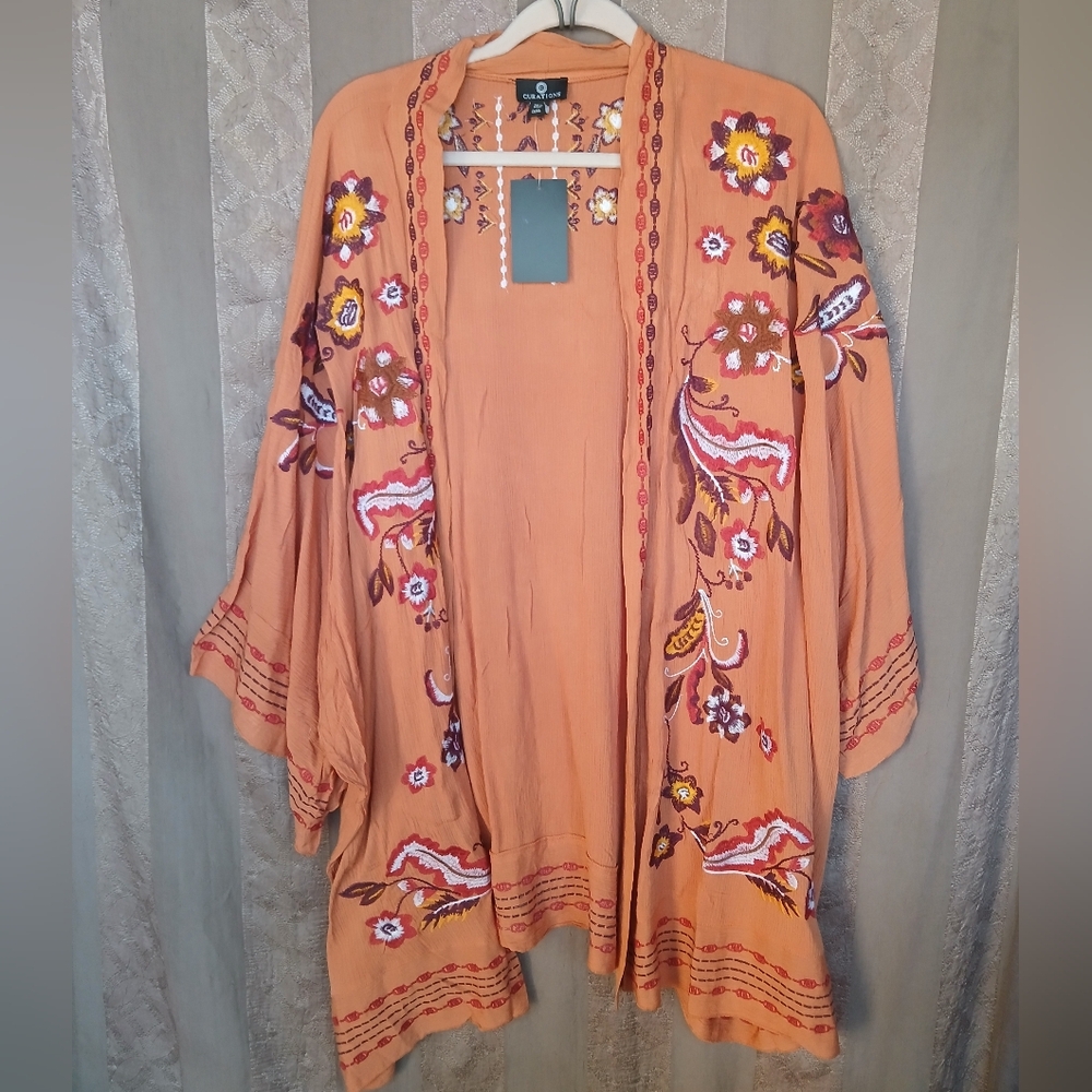 💎 Curations Rust Floral Embroidered Embroidered Orange Kimono Jacket #0138